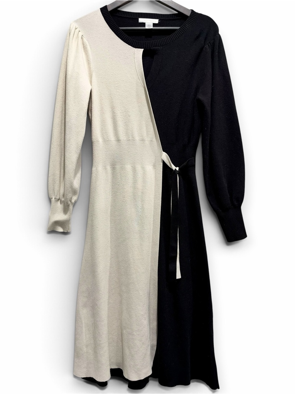 London Times Black Cream Colorblock Sweater Midi Dress L Keyhole Tie Waist